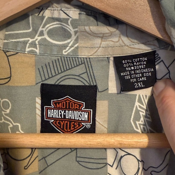 Vintage Harley Davidson Hawaiian Shirt All Over Print Men's 2XL Green/Tan Check - Picture 7 of 12